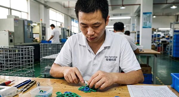 Operator performing manual trimming on silicone parts without magnification